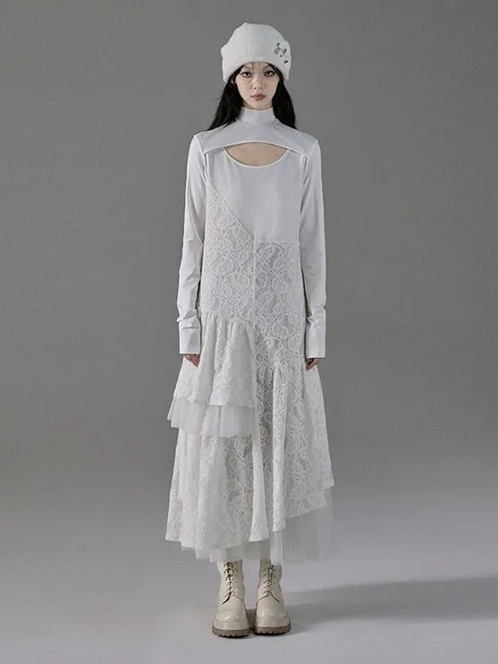 Asymmetrical Stitching Hollow Jacquard Long-sleeved Dress