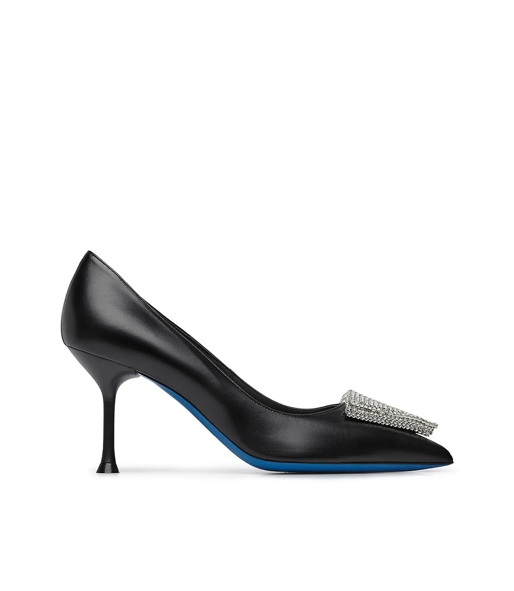 Black leather jewel pumps