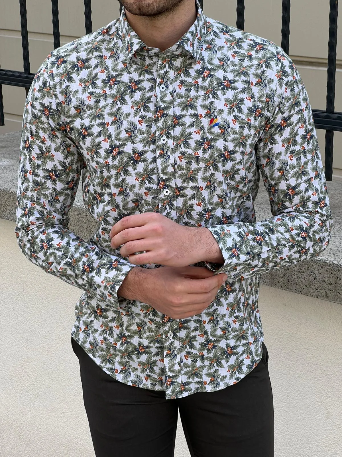 Bojoni Montebello Slim Fit High Quality Patterned Green Cotton Shirt