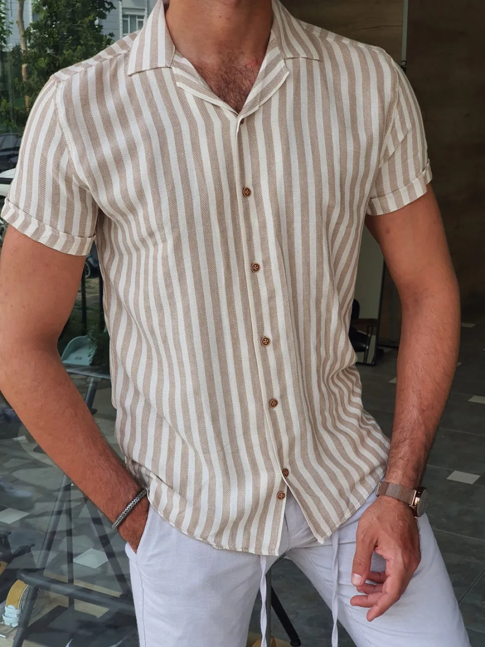 Capani Ecru Slim Fit Striped  Collar Shirt
