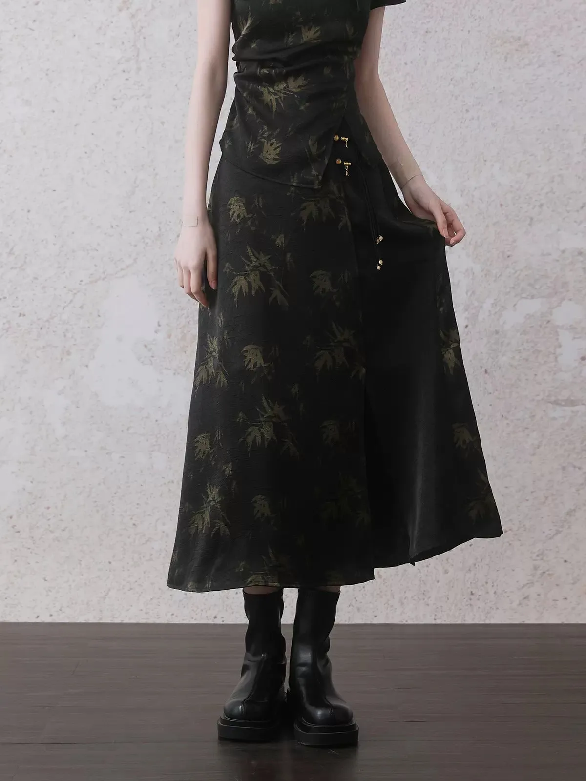 Chinese Style Bamboo Print Short Sleeve Shirt & A-Line Skirt