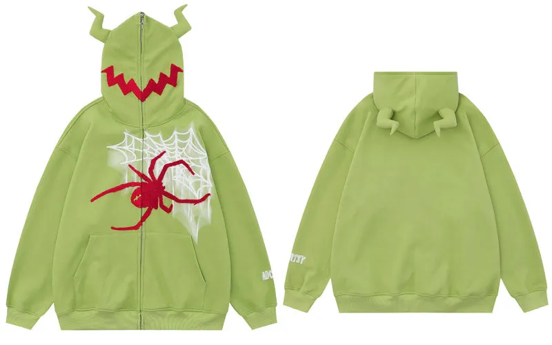 'Crawler' Full Zip Hoodie with Textured Spider Embroidery