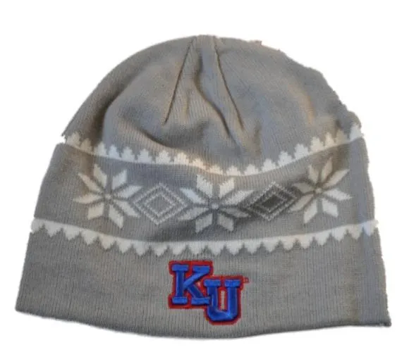 Kansas Jayhawks Headmaster Campuswear Embroidered Gray and White Knit Beanie Cap