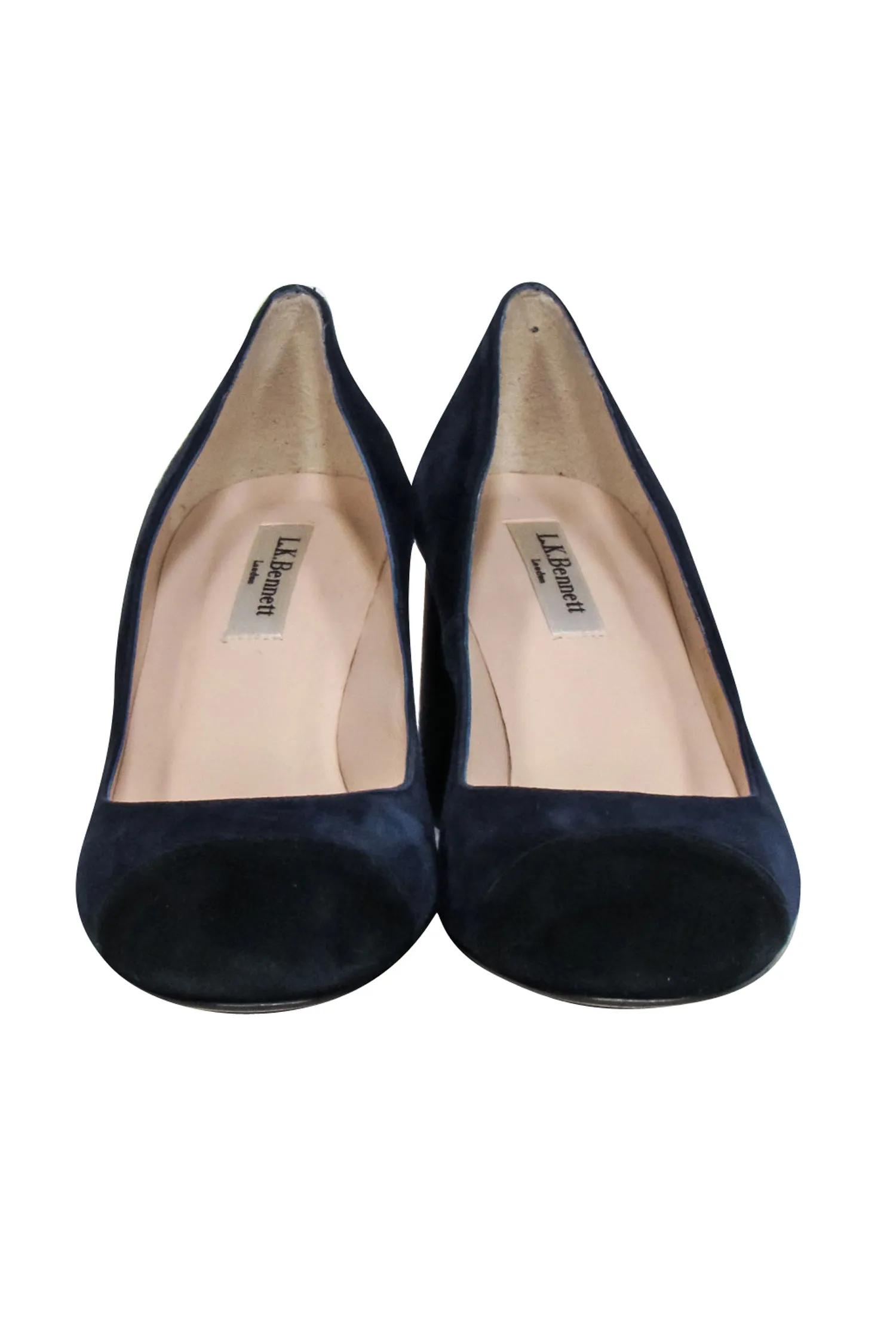 L.K. Bennett - Navy Suede w/ Black Rounded Toe Block Heel Pumps Sz 8.5