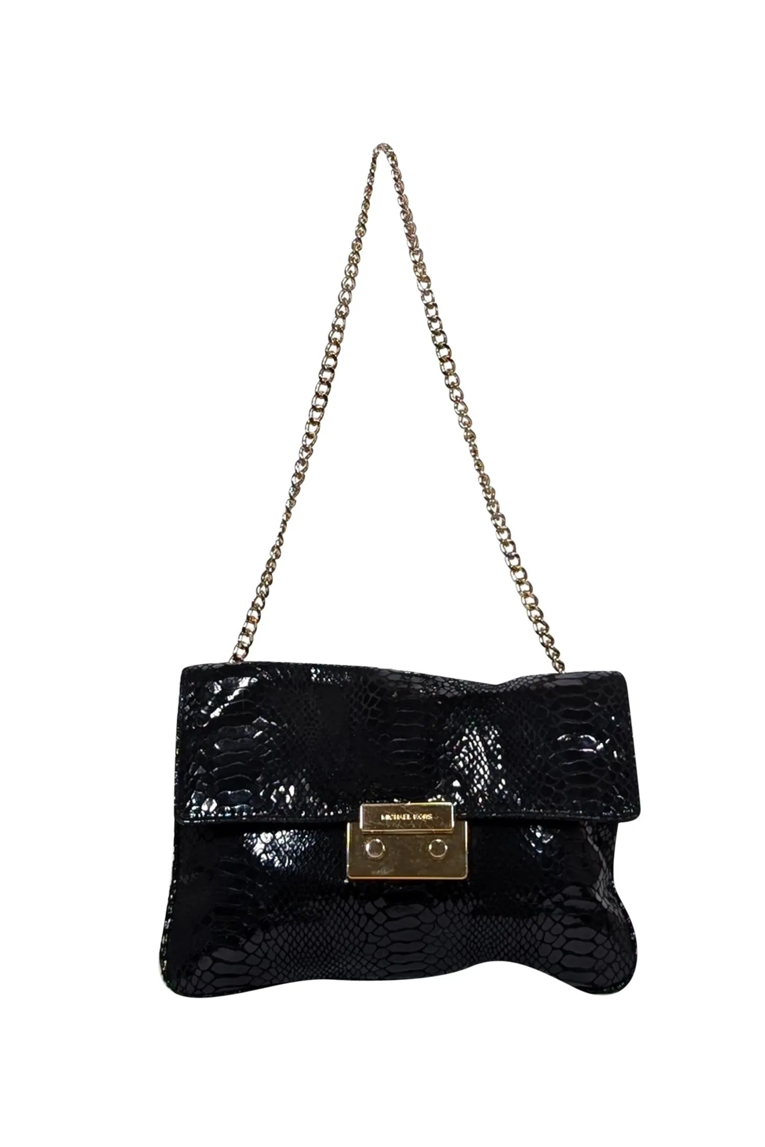 Michael Kors - Black Croc Embossed Fold Over Bag w/ Gold Chain Strap