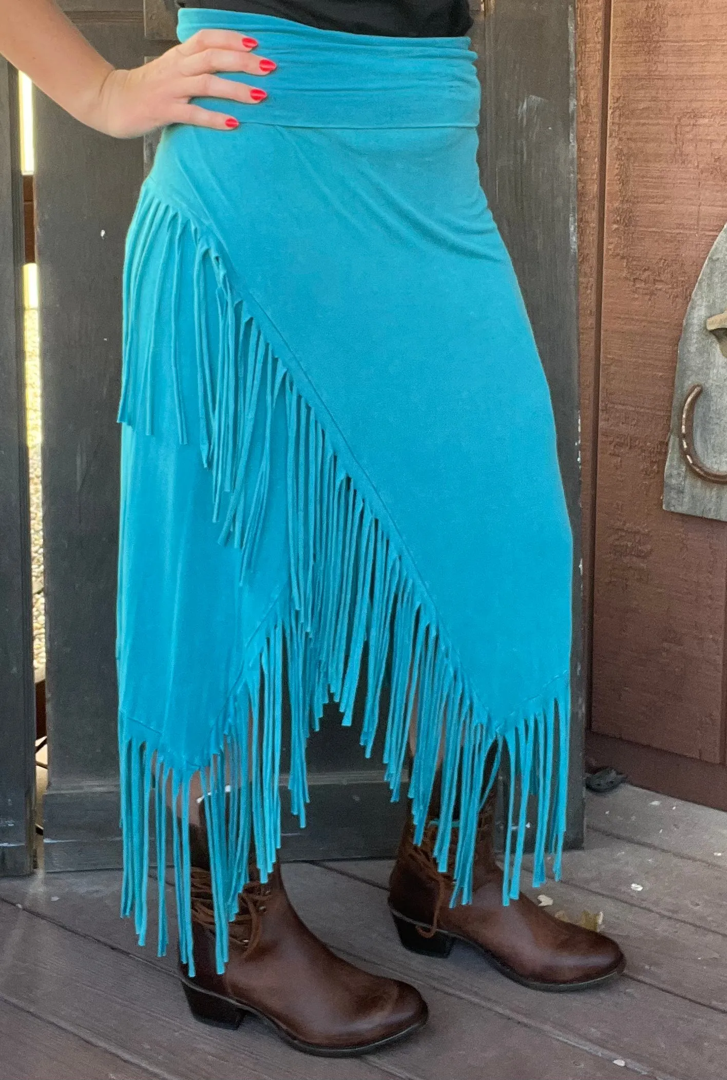 Rhonda Stark Women's Turquoise Asymmetrical Fringe Knit Skirt 580TQ