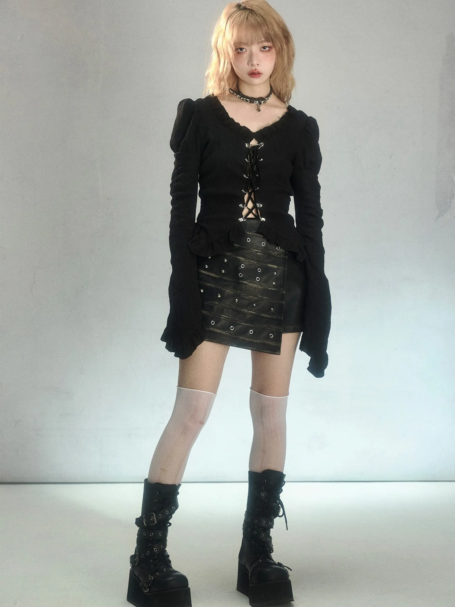 Rivets Retro Leather A-Line Skirt
