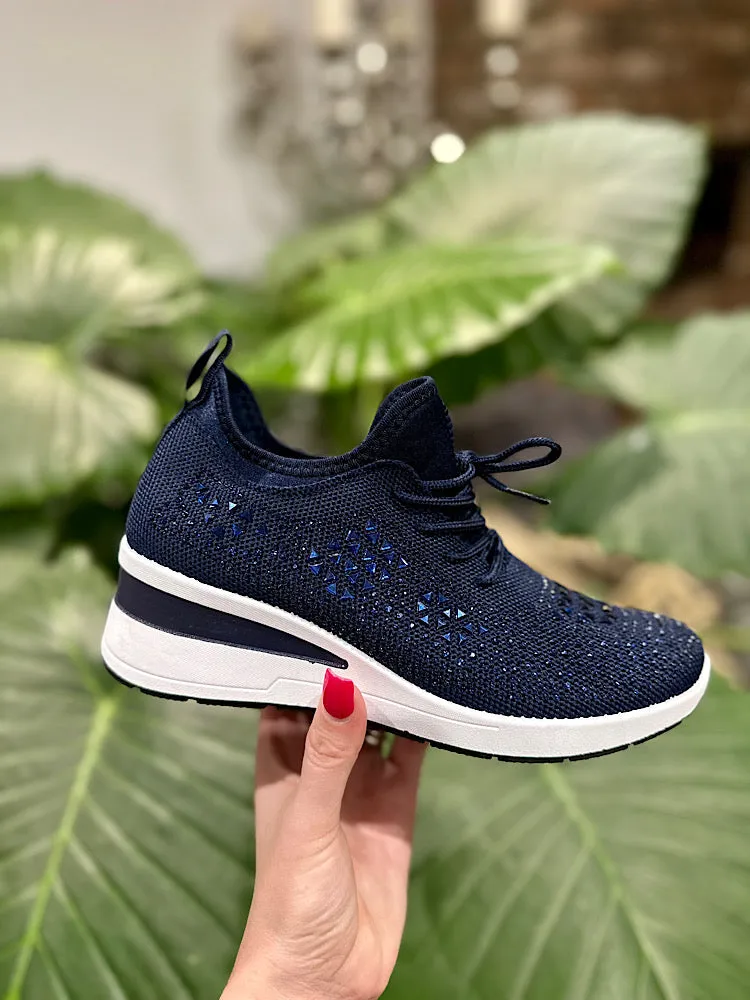 Size 3 Navy Embellished Wedge Trainer